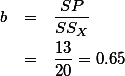 \begin{eqnarray}
b & = & \frac{SP}{SS_{X}} \nonumber \\
& = & \frac{13}{20}= 0.65 \nonumber 
\end{eqnarray}
