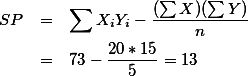 \begin{eqnarray}
SP & = & \sum X_i Y_i - \frac{(\sum X)(\sum Y)}{n} \nonumber \\
& = & 73 -\frac{20*15}{5}= 13 \nonumber 
\end{eqnarray}
