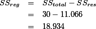 \begin{eqnarray}
 SS_{reg} & = & SS_{total} - SS_{res} \nonumber \\
 & = & 30 - 11.066 \nonumber \\
 & = & 18.934 \nonumber
\end{eqnarray}
